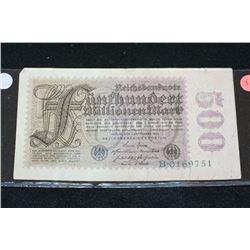 1923 German 500 Funfhundert Millionen Mark Foreign Bank Note