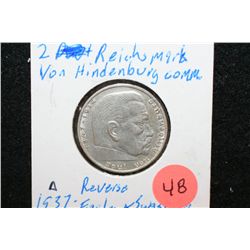 1937-A German 2 Reichsmark Foreign Coin W/Flying Eagle Holding Swatstika