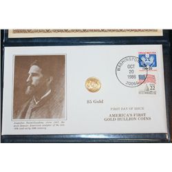 1986 First Day Issue St. Gaudens $5 Gold American Eagle Coin W/Postal Stamp; 91.67% Pure Gold .1091 