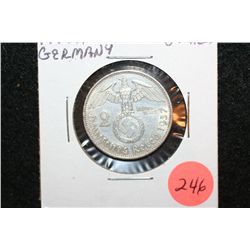 1937-A German 2 Reichsmark Foreign Coin W/Flying Eagle Holding Swatstika