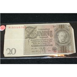 1929 German 20 Zmanzig Reichsmark Foreign Bank Note