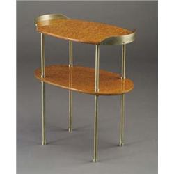 Oval burlwood two-tier table with brushed chr