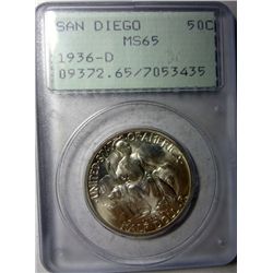 1936-D SAN DIEGO HALF DOLLAR PCGS MS65 RATTLER HOLDER