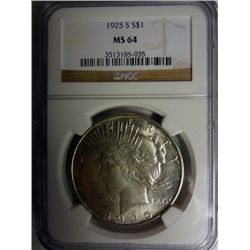 1925-S PEACE DOLLAR NGC MS64 SCARCE AND NICE!