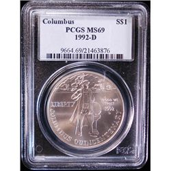 1992-D COLUMBUS COMMEMORATIVE SILVER DOLLAR, PCGS MS69!