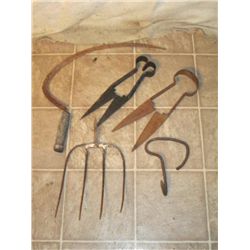 2 Vintage Shears, Meat Hook , Sickle, & Pitch Fork