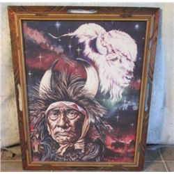 Wood Framed Indian Buffalo Picture W/ Carved Slots