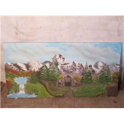 Large Canvas Painting Of Barn And Mountains