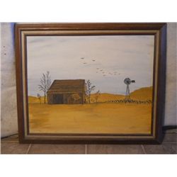 Wood Framed Oil On Canvas Barn & Windmill