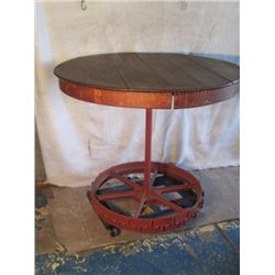Antique Tractor Wheel Based Oak Round Table