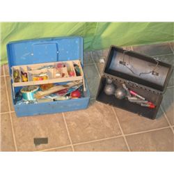 Small Blue Tackle Box W/ Lures, Flasher, Bobbers &