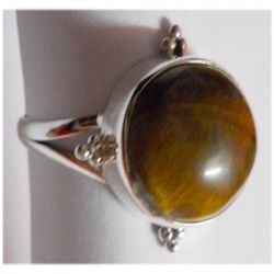 Natural 29.35 ctw Tiger Eye Round Ring 925 Sterling