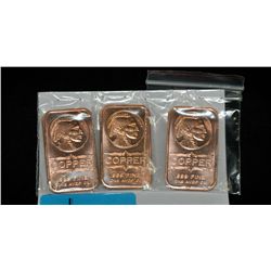 3x one ounce native copper bars