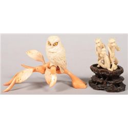 ET0503120169 Two Carved Ivory Animals. An owl seated on