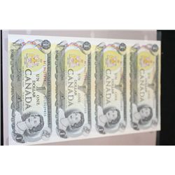 1973 Canada $1 Foreign Bank Note; Lot of 4; Uncut Bills