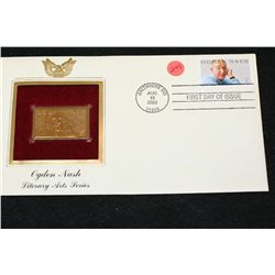 2002 First Day of Issue 22K Gold Replica Stamp W/Postal Stamp; Ogden Nash Literary Arts Series