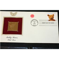 2002 First Day of Issue 22K Gold Replica Stamp W/Postal Stamp; Teddy Bears Stick Bear