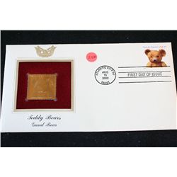 2002 First Day of Issue 22K Gold Replica Stamp W/Postal Stamp; Teddy Bears Gund Bear