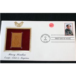 2002 First Day of Issue 22K Gold Replica Stamp W/Postal Stamp; Harry Houdini Escape Artist & Magicia