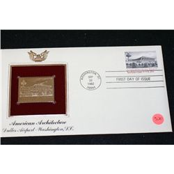 1982 First Day of Issue 22K Gold Replica Stamp W/Postal Stamp; American Architecture Dulles Airport-