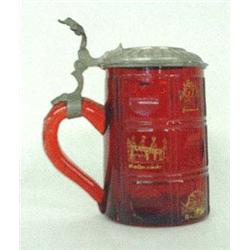 Ruby cut glass stein. Pewter lid. Scenes of d