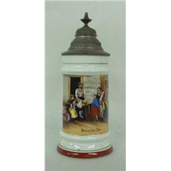 Porcelain German stein. Hand-painted tavern s