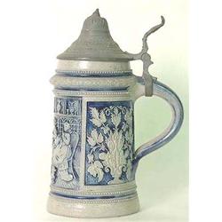 Blue German salt glaze stein. Tavern scene. 1