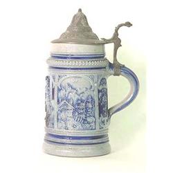 German blue salt glaze stein. Three panels wi