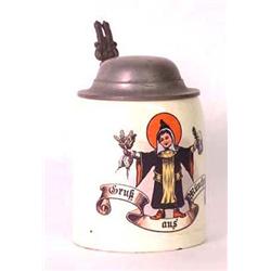 Creamware stein. Monk with beer and turnips.