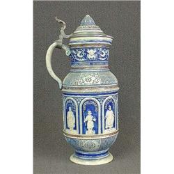 German blue and gray salt glaze stein depicti