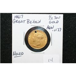 1867 Great Britain 1/2 Sovreign Gold Foreign Coin; Holed; .1177 AGW