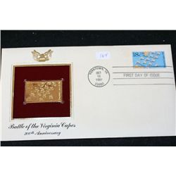 1981 First Day of Issue 22K Gold Replica Stamp W/Postal Stamp; Battle of the Virginia Capes 200th An