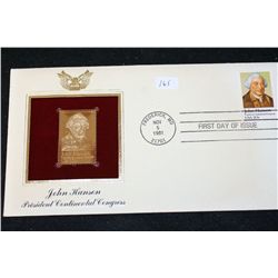 1981 First Day of Issue 22K Gold Replica Stamp W/Postal Stamp; John Hanson President Continental Con