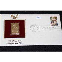 1982 First Day of Issue 22K Gold Replica Stamp W/Postal Stamp; Christmas 19882 Madonna and Child