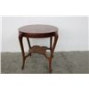 Image 1 : 20" ROUND OAK DRUM TOP PARLOR STAND W/ BEADED SKIRT - 4 LEAF CLOVER UNDER SHELF - BOWED LEGS