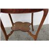 Image 2 : 20" ROUND OAK DRUM TOP PARLOR STAND W/ BEADED SKIRT - 4 LEAF CLOVER UNDER SHELF - BOWED LEGS
