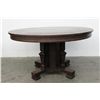 Image 1 : ORIGINAL FINISH 54" SOLID OAK ROUND TABLE W/ 2 LEAVES- UNUSUAL BASE W/ MISSION FLARE