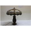 Image 1 : ALL ORIG. GREAT REVERSE PAINTED 8 PANEL SLAG GLASS LAMP W/ RIBBED GLASS AND ORNATE METAL BASE