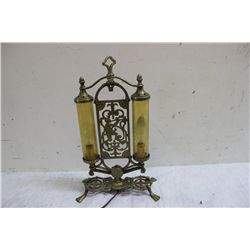 DOUBLE PEDESTAL BRASS & AMBUR CRACKLE GLASS SHADES