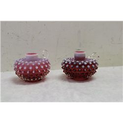 2 CRANBERRY HOBNAIL OPALESCENT CANDLE HOLDERS - 3.5 HIGH X 4.5 WIDE