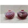 Image 2 : 2 CRANBERRY HOBNAIL OPALESCENT CANDLE HOLDERS - 3.5 HIGH X 4.5 WIDE