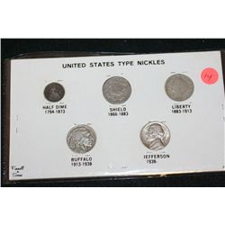 United States Type Nickel Set; Seated Liberty Half Dime, Shield Nickel, Liberty V-Nickel, Buffalo Ni