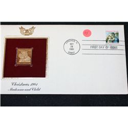 1981 First Day of Issue 22K Gold Replica Stamp W/Postal Stamp; Christmas 1981 Madonna and Child