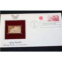 1982 First Day of Issue 22K Gold Replica Stamp W/Postal Stamp; Aging Together Sharing Wisdom and Exp