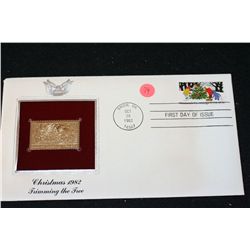 1982 First Day of Issue 22K Gold Replica Stamp W/Postal Stamp; Christmas 1982 Trimming The Tree