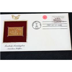 1981 First Day of Issue 22K Gold Replica Stamp W/Postal Stamp; Frederic Remington American Sculptor