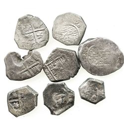 Lot of 8 Spanish (Seville or mints uncertain) cob 2 reales of the 1600s.