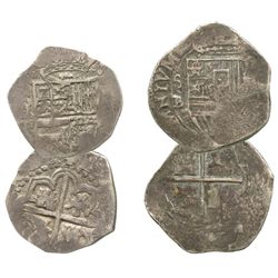 Lot of 2 Seville, Spain, small cobs of Philip II-III: 2R assayer B below S to left, (O)MNIVM in lege