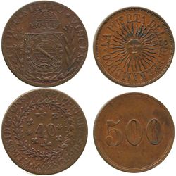 Lot of 2 Brazilian coppers: 40 reis, Peter I, 1828; and a Pernambuco "sunface" token for "500."