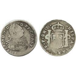 Pasto, Colombia, bust 2 reales, Ferdinand VII (bust of Charles IV), 1822O, dot after CONST, scarce.